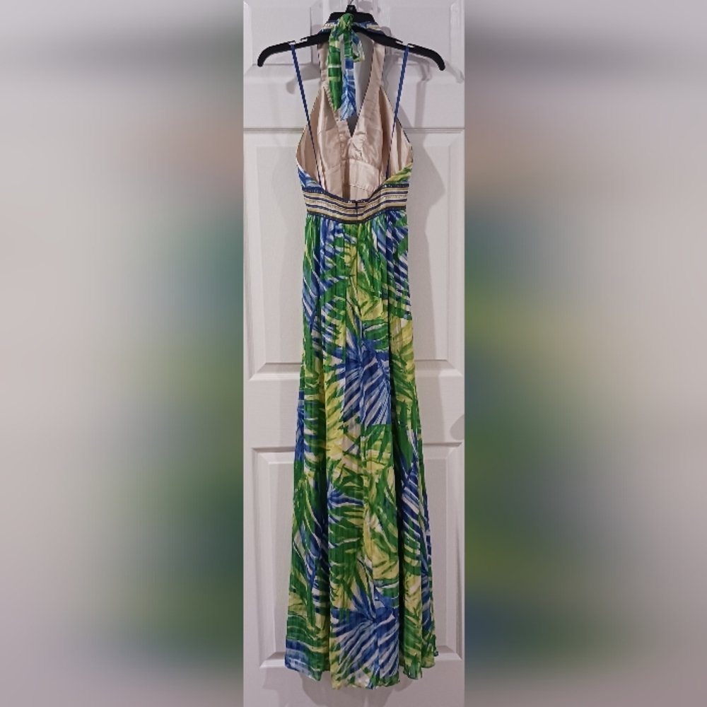 BCBGMaxAzria Silk Halter Maxi Dress Gown Palm Print Sequin - Picture 6 of 13